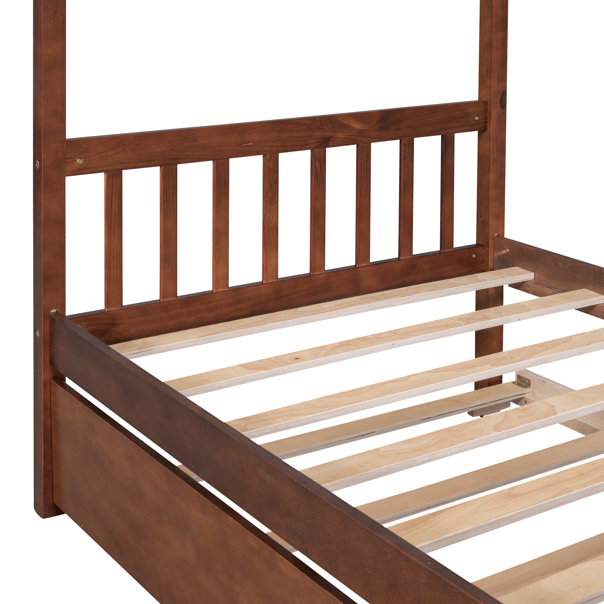 Twin Size Wooden House Bed With Twin Size Trundle, Walnut Walnut Solid Wood