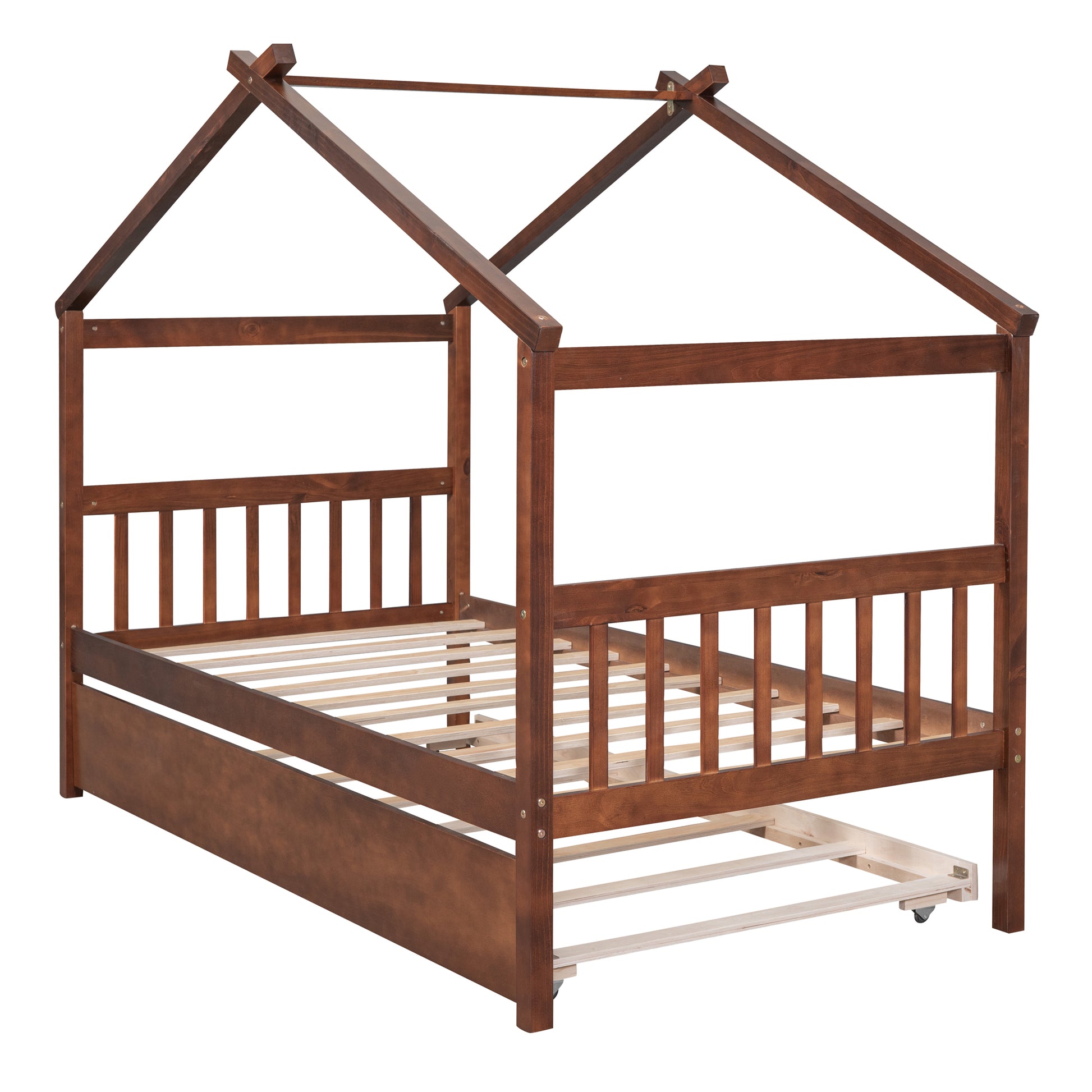 Twin Size Wooden House Bed With Twin Size Trundle, Walnut Walnut Solid Wood