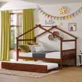 Full Size Wooden House Bed With Twin Size Trundle, Walnut Walnut Solid Wood