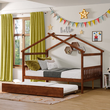 Full Size Wooden House Bed With Twin Size Trundle, Walnut Walnut Solid Wood