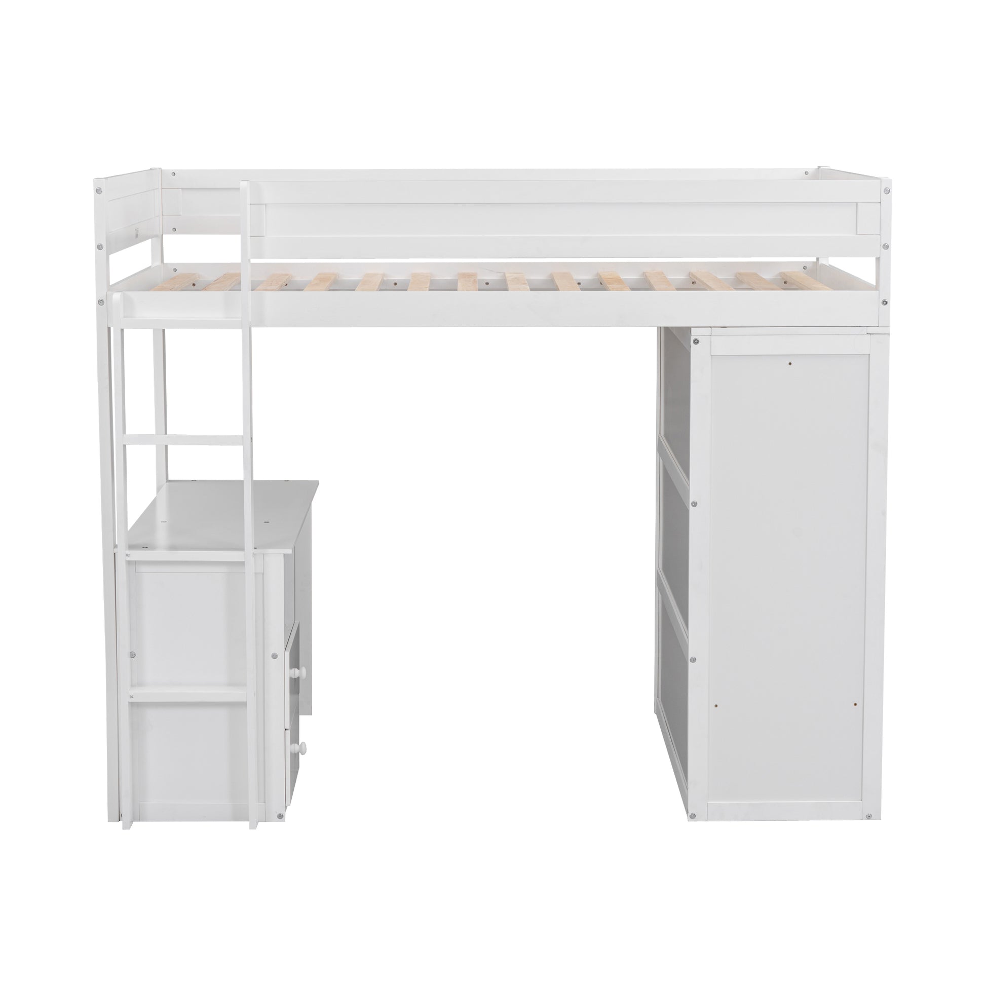 Wood Twin Size Loft Bed With Wardrobes And 2 Drawer Desk With Cabinet, White White Solid Wood Mdf