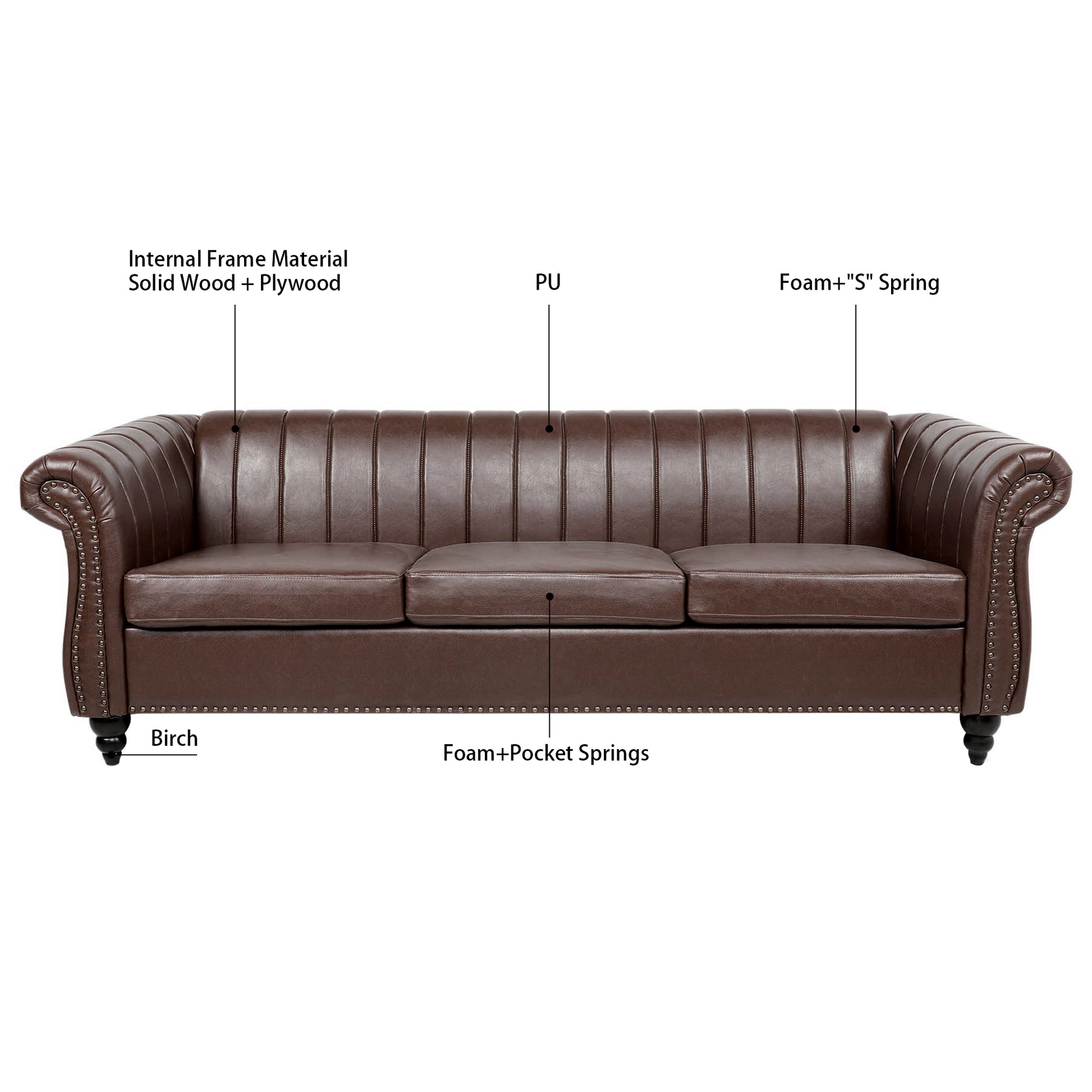 83.46'' Brown Pu Rolled Arm Chesterfield Three Seater Sofa. Dark Brown Pu