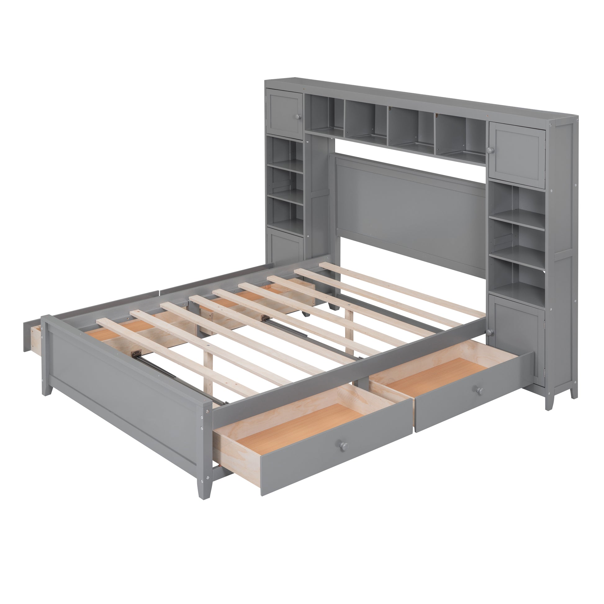 Full Size Wooden Bed With All In One Cabinet And Shelf, Gray Full Gray Solid Wood