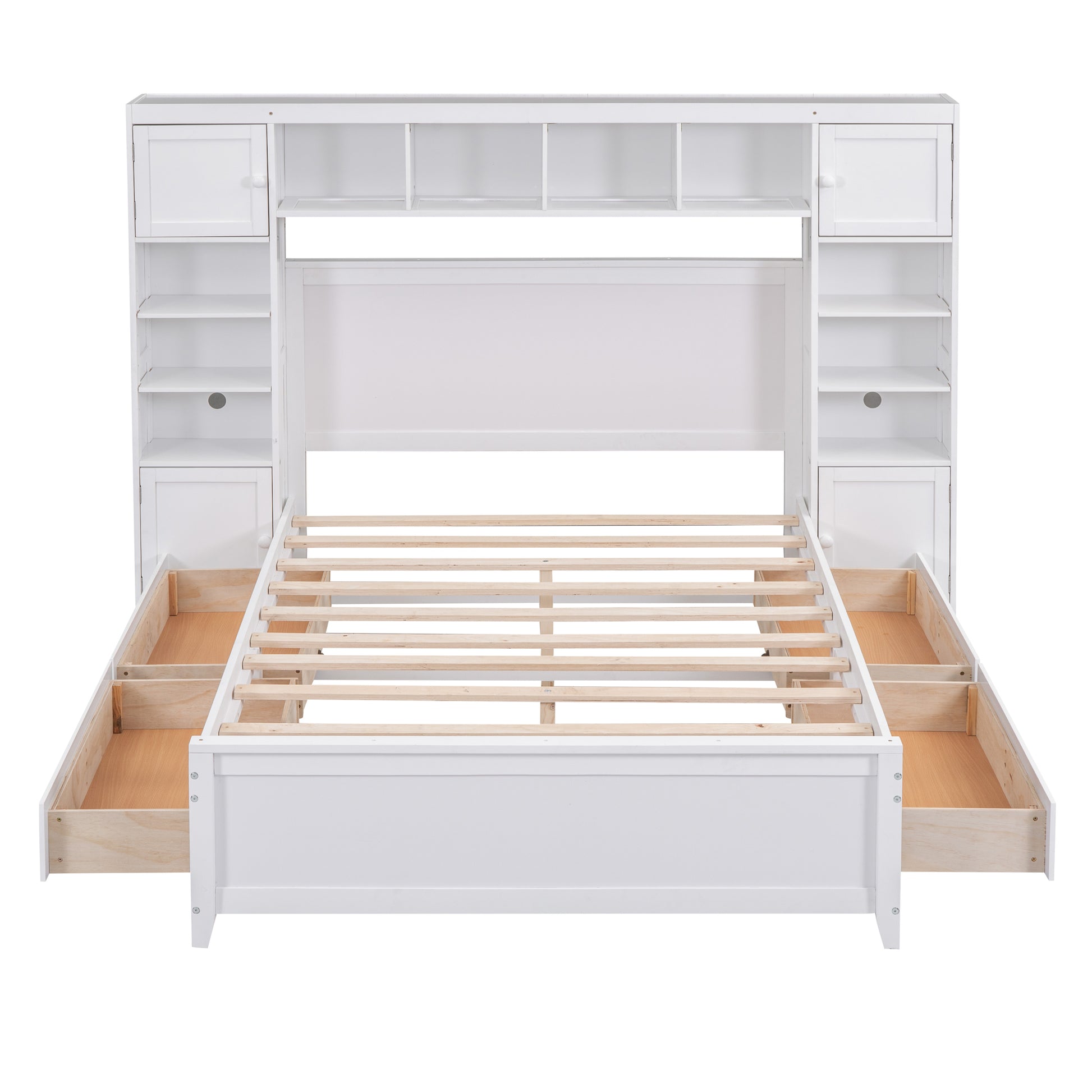 Full Size Wooden Bed With All In One Cabinet And Shelf, White Full White Solid Wood