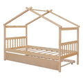 Twin Size Wooden House Bed With Twin Size Trundle, Natural Natural Solid Wood