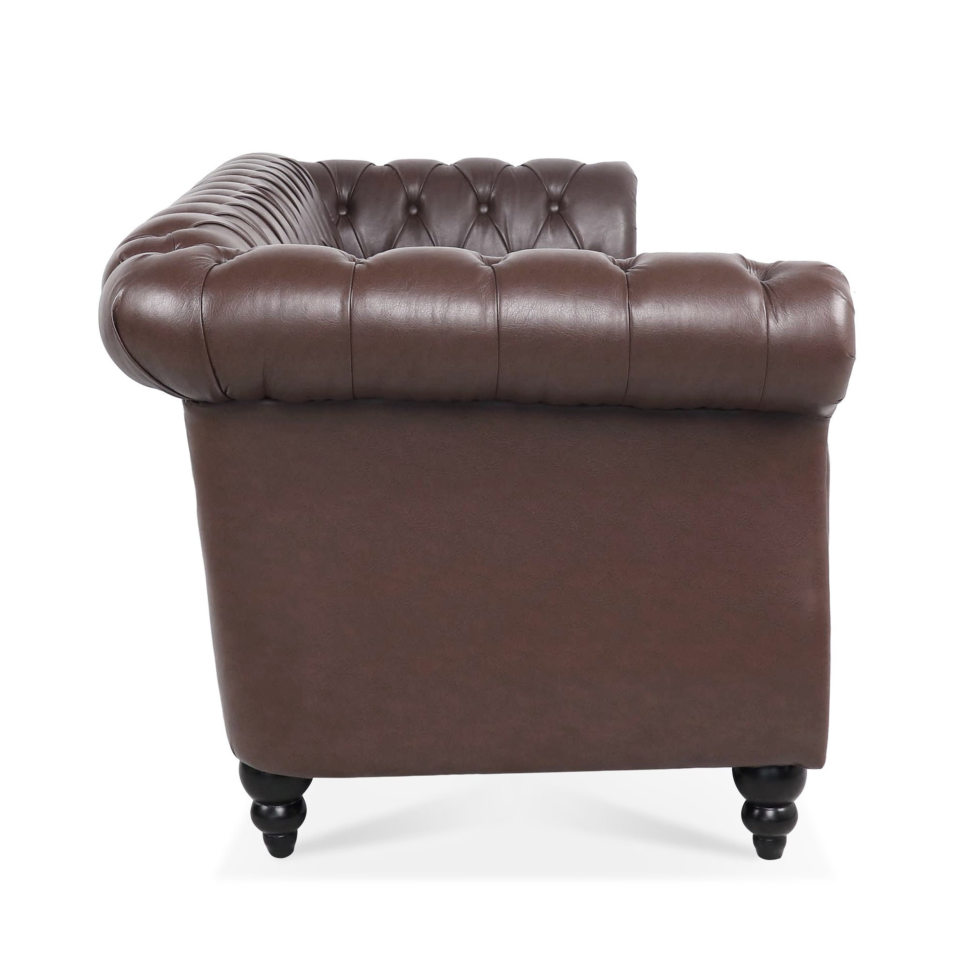 84.65" Dark Brown Pu Rolled Arm Chesterfield Three Seater Sofa. Dark Brown Foam Pu