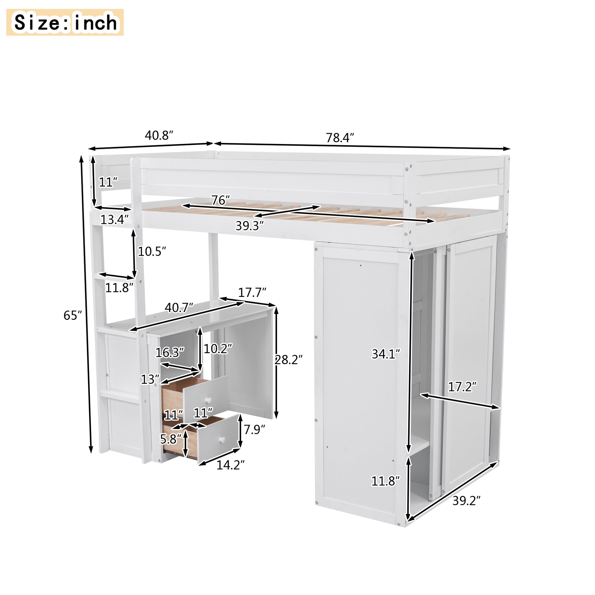 Wood Twin Size Loft Bed With Wardrobes And 2 Drawer Desk With Cabinet, White White Solid Wood Mdf