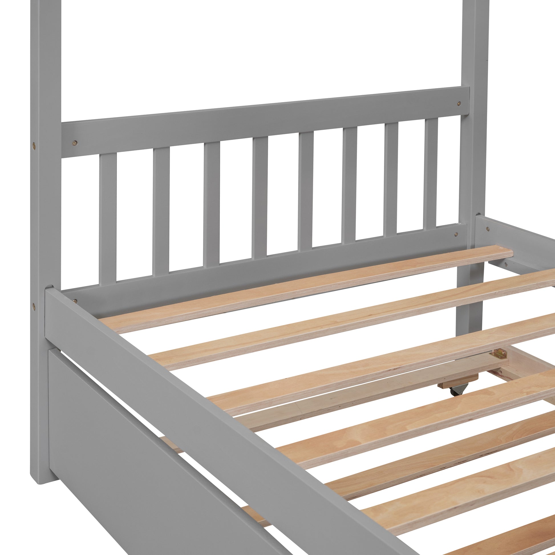 Twin Size Wooden House Bed With Twin Size Trundle, Gray Gray Solid Wood