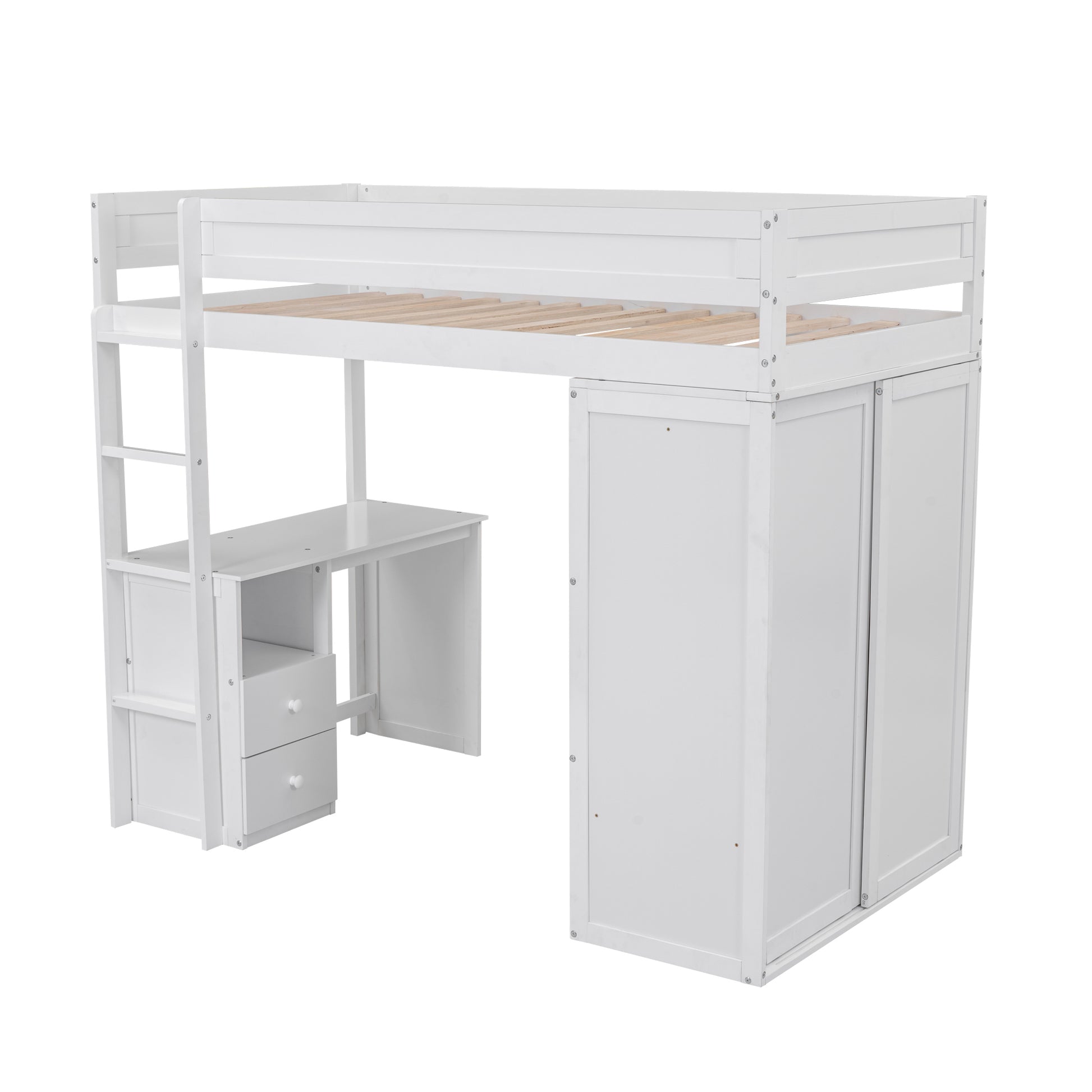 Wood Twin Size Loft Bed With Wardrobes And 2 Drawer Desk With Cabinet, White White Solid Wood Mdf