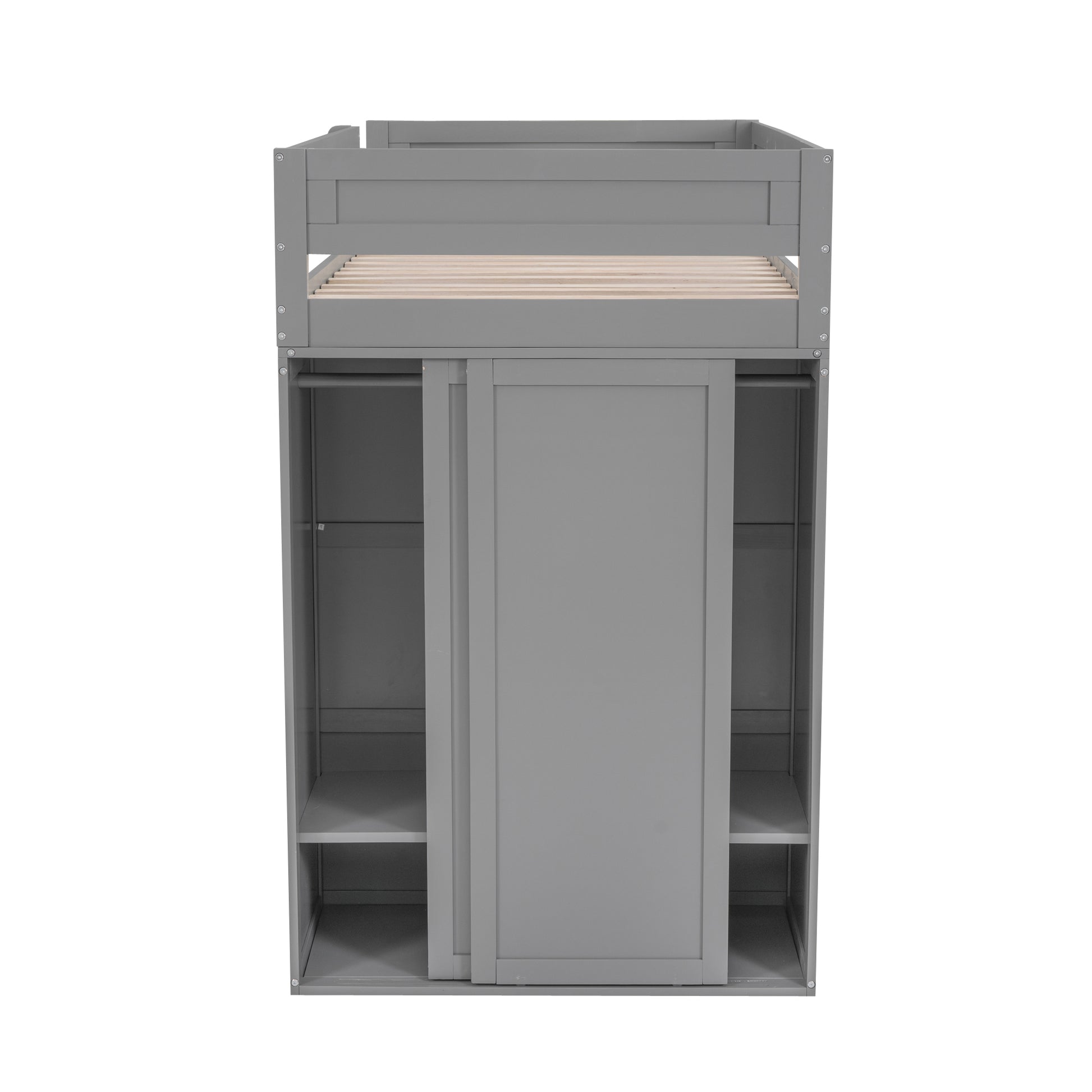 Wood Twin Size Loft Bed With Wardrobes And 2 Drawer Desk With Cabinet, Gray Gray Solid Wood Mdf