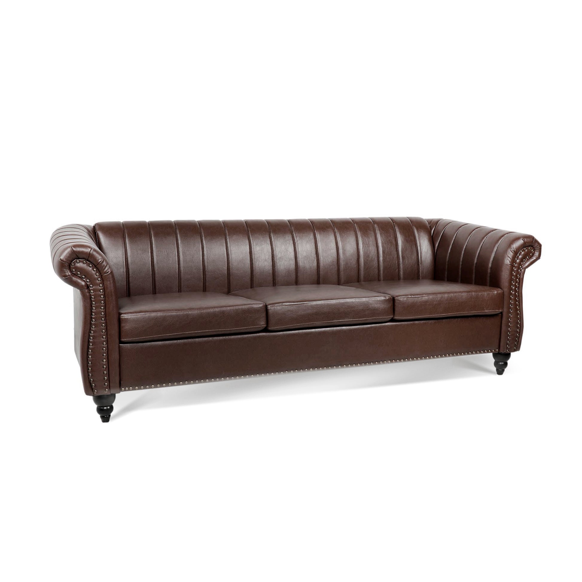 83.46'' Brown Pu Rolled Arm Chesterfield Three Seater Sofa. Dark Brown Pu