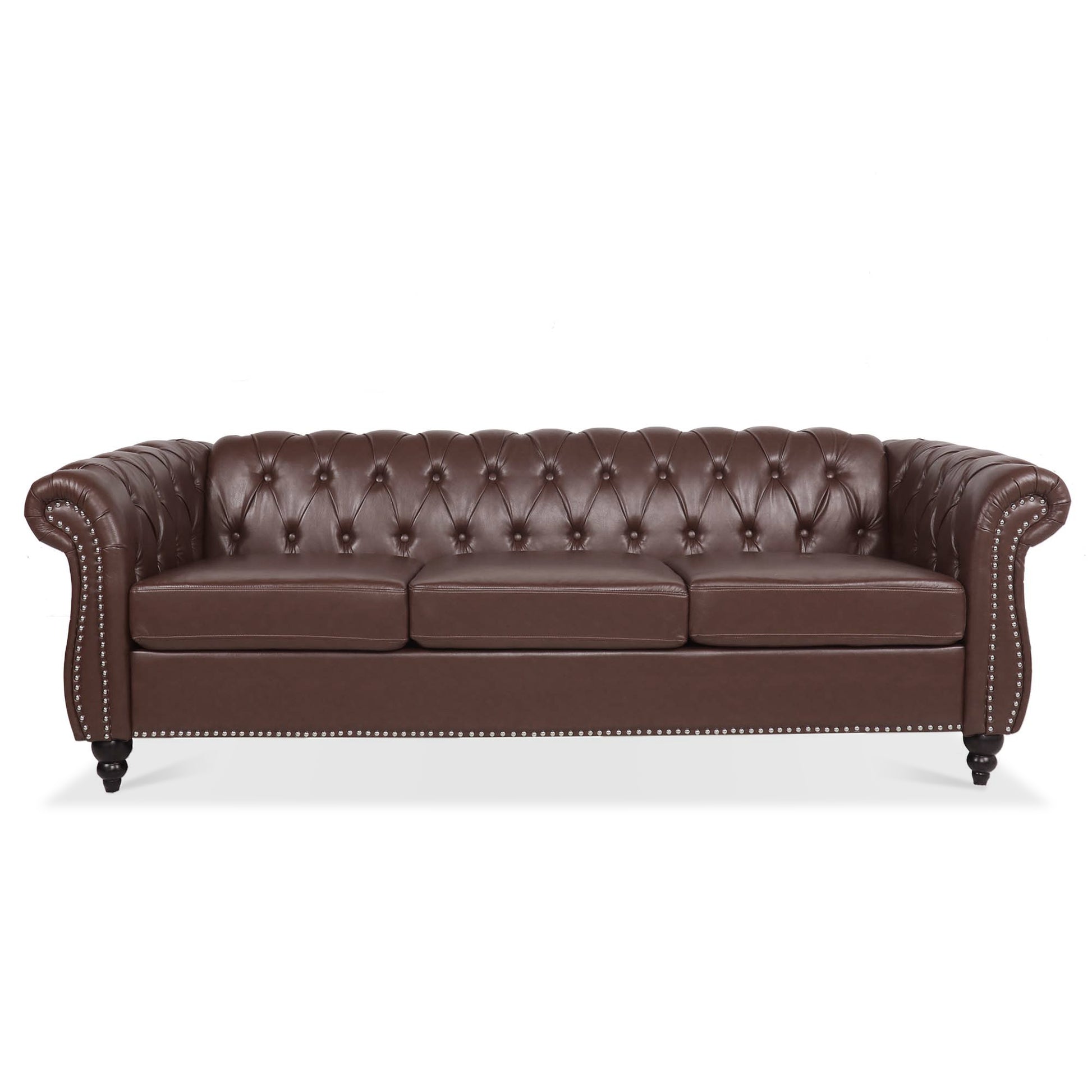 84.65" Dark Brown Pu Rolled Arm Chesterfield Three Seater Sofa. Dark Brown Foam Pu