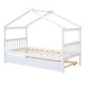 Twin Size Wooden House Bed With Twin Size Trundle, White White Solid Wood