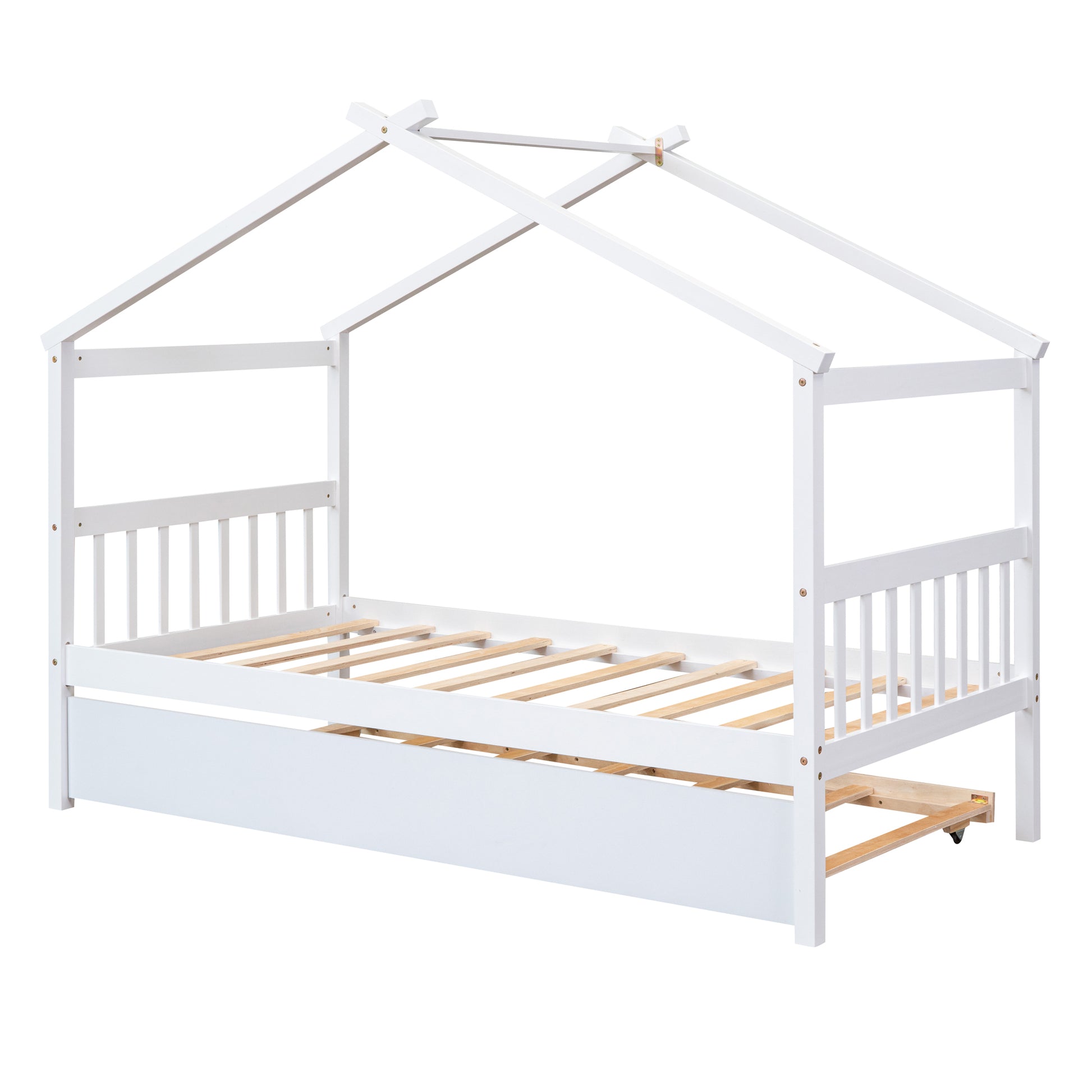 Twin Size Wooden House Bed With Twin Size Trundle, White White Solid Wood