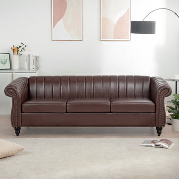 83.46'' Brown Pu Rolled Arm Chesterfield Three Seater Sofa. Dark Brown Pu