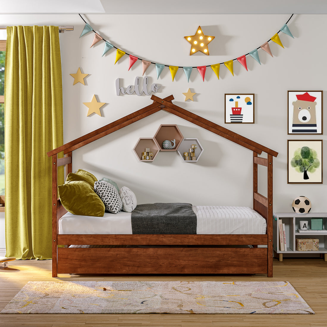 Full Size Wooden House Bed With Twin Size Trundle, Walnut Walnut Solid Wood