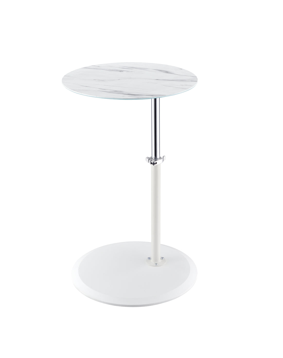 Orbit 15.5" End Table With Height Adjustable White Marble Textured Top White Glass