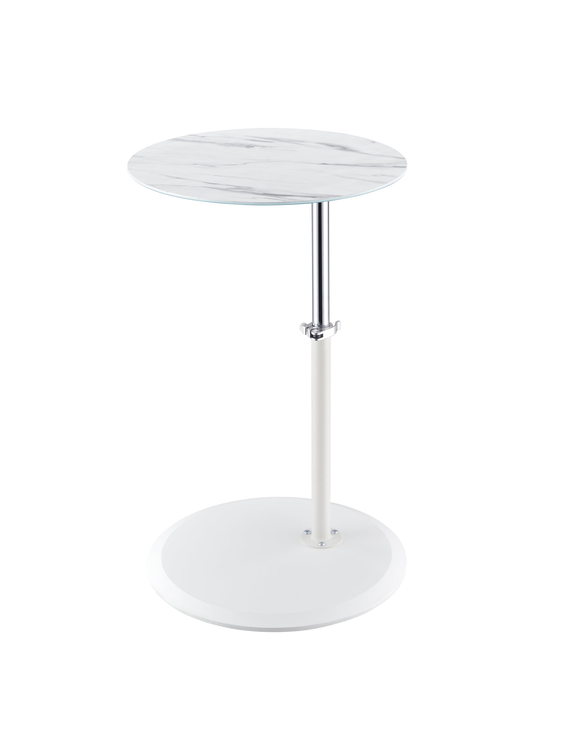 Orbit 15.5" End Table With Height Adjustable White Marble Textured Top White Glass