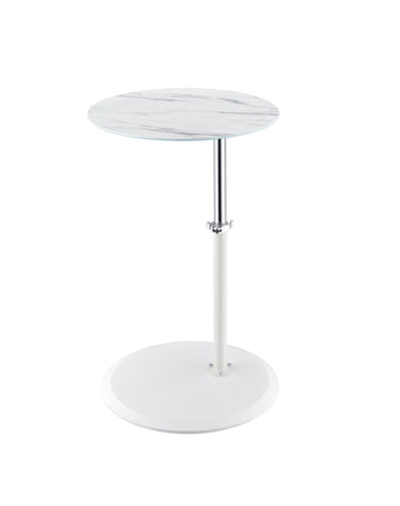 Orbit 15.5" End Table With Height Adjustable White Marble Textured Top White Glass