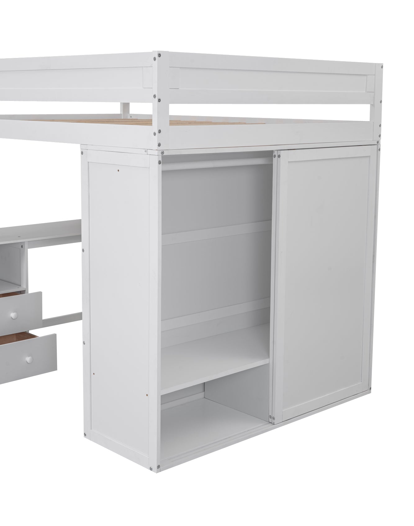 Wood Full Size Loft Bed With Wardrobes And 2 Drawer Desk With Cabinet, White White Solid Wood Mdf