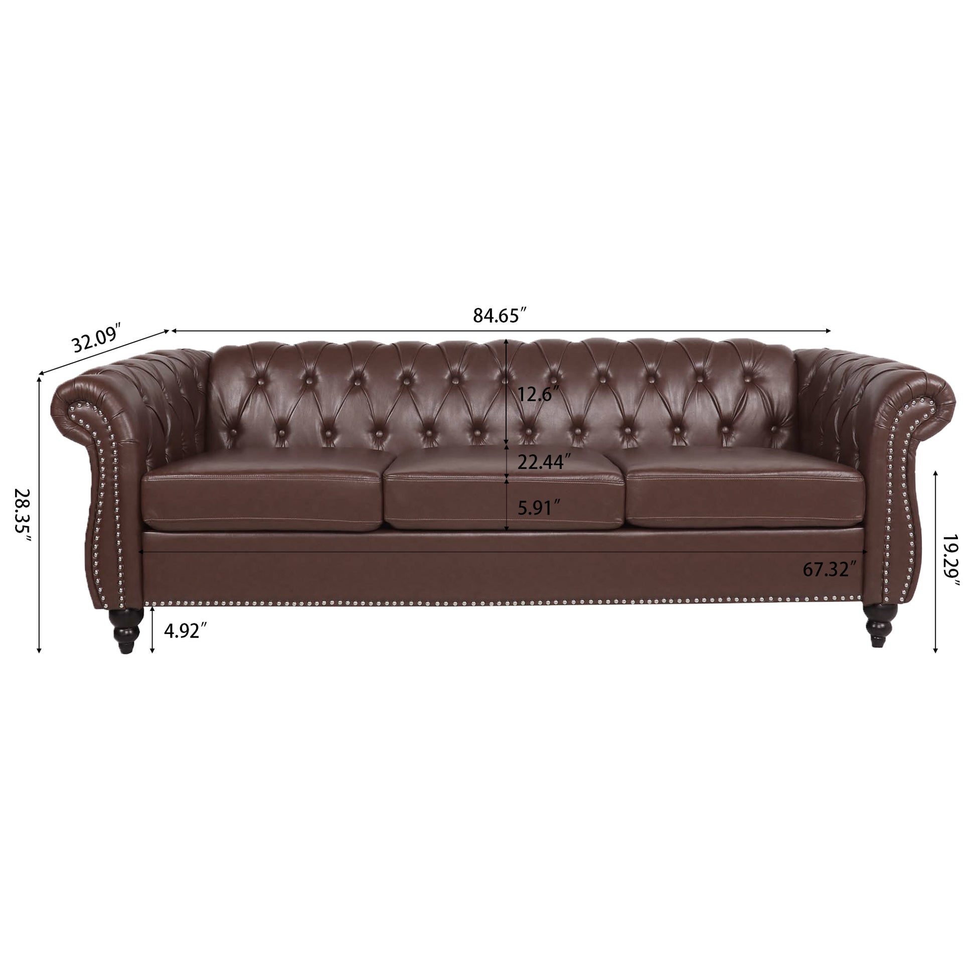 84.65" Dark Brown Pu Rolled Arm Chesterfield Three Seater Sofa. Dark Brown Foam Pu