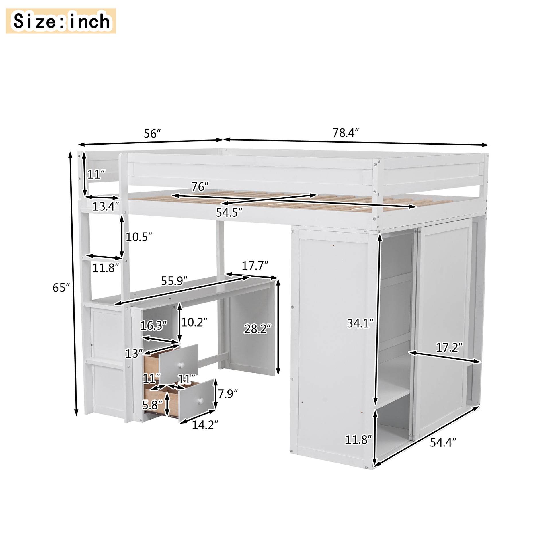 Wood Full Size Loft Bed With Wardrobes And 2 Drawer Desk With Cabinet, White White Solid Wood Mdf