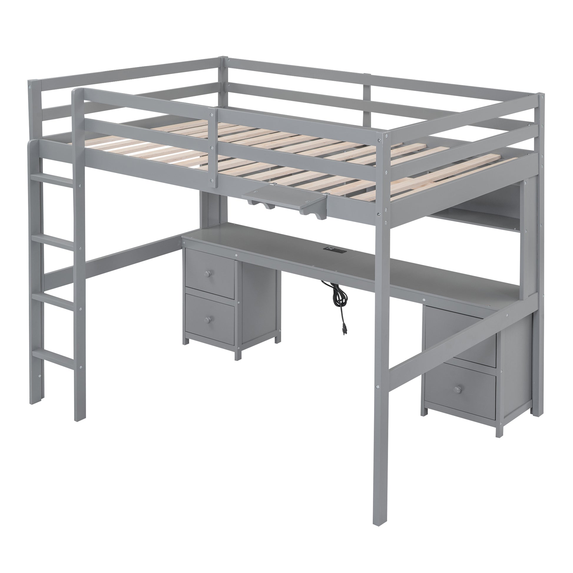 Full Size Loft Bed With Desk, Cabinets, Drawers And Bedside Tray, Charging Station, Gray Gray Solid Wood Mdf