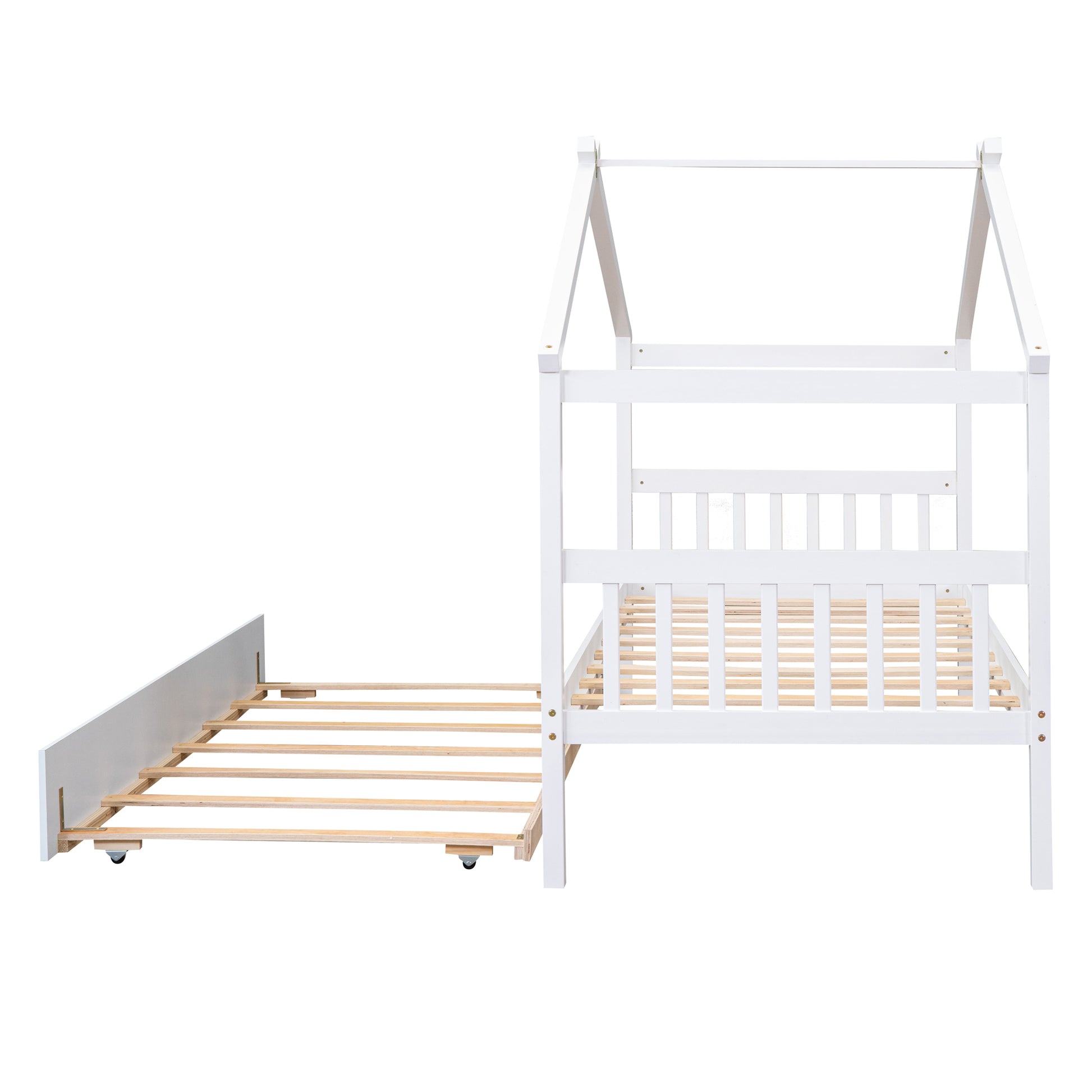 Twin Size Wooden House Bed With Twin Size Trundle, White White Solid Wood