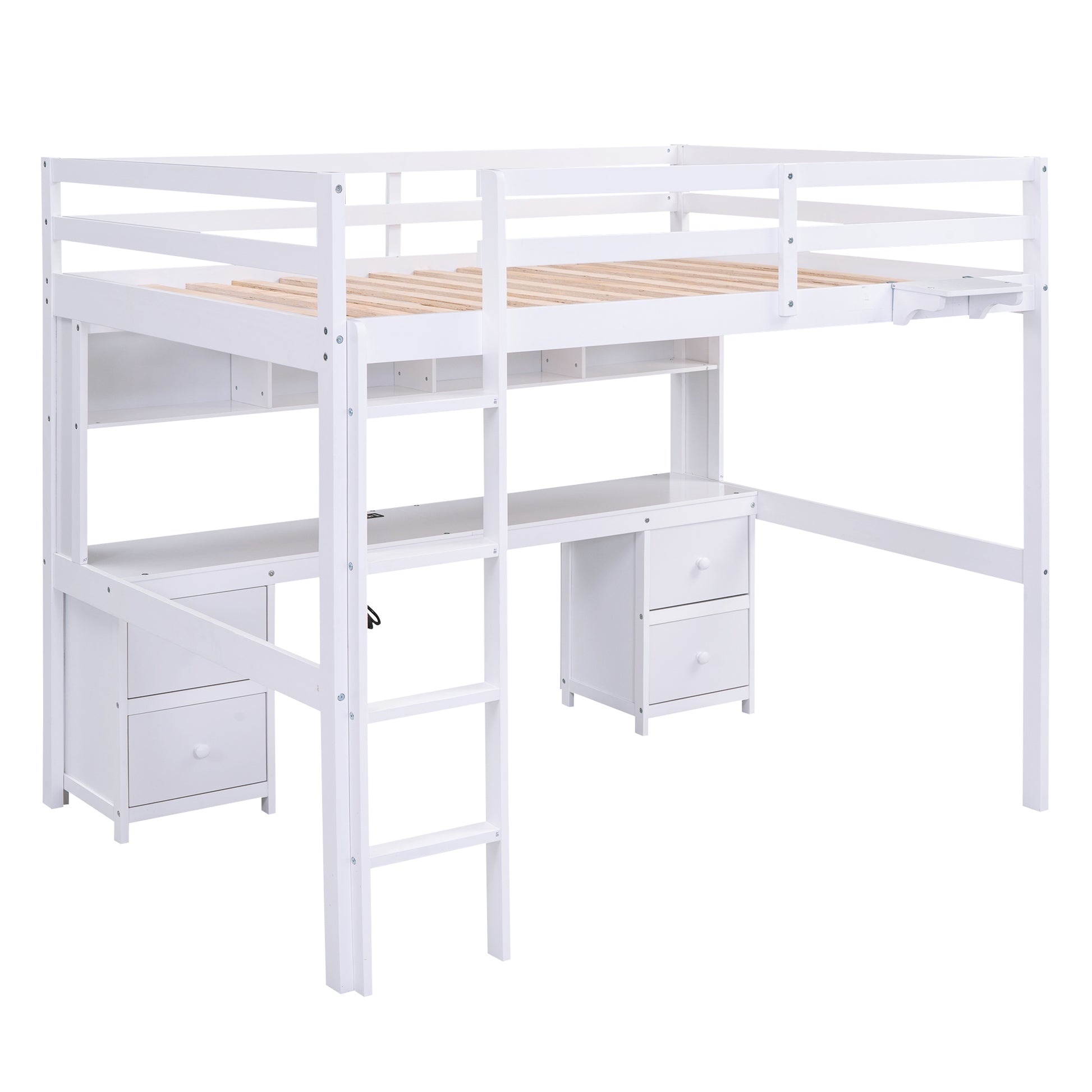 Full Size Loft Bed With Desk, Cabinets, Drawers And Bedside Tray, Charging Station, White White Solid Wood Mdf