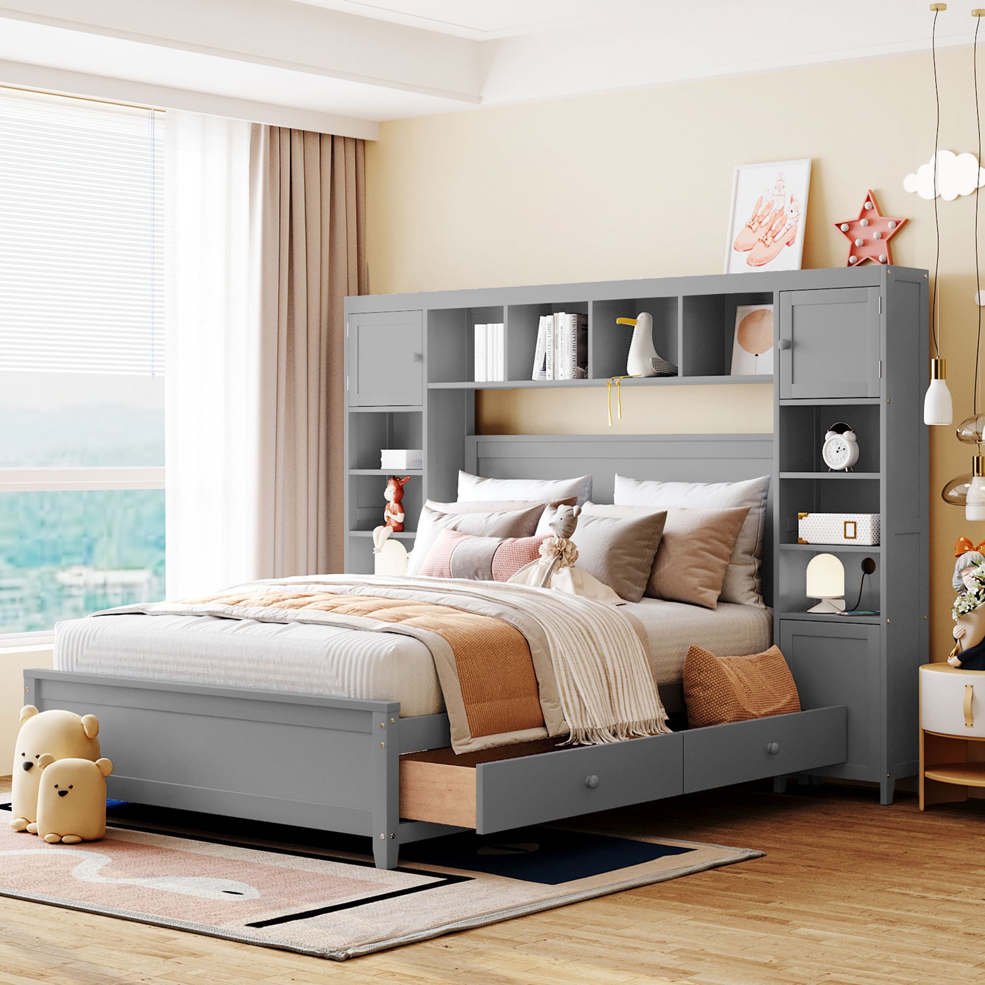 Full Size Wooden Bed With All In One Cabinet And Shelf, Gray Full Gray Solid Wood