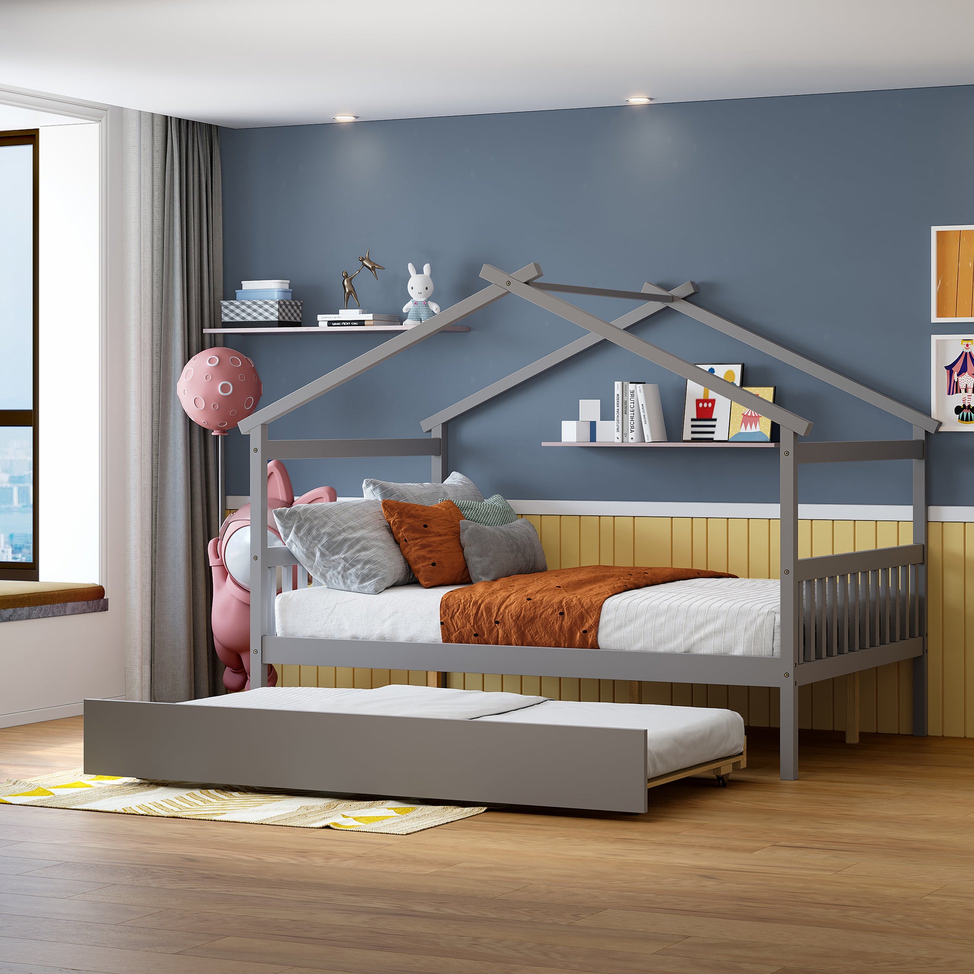 Full Size Wooden House Bed With Twin Size Trundle, Gray Gray Solid Wood