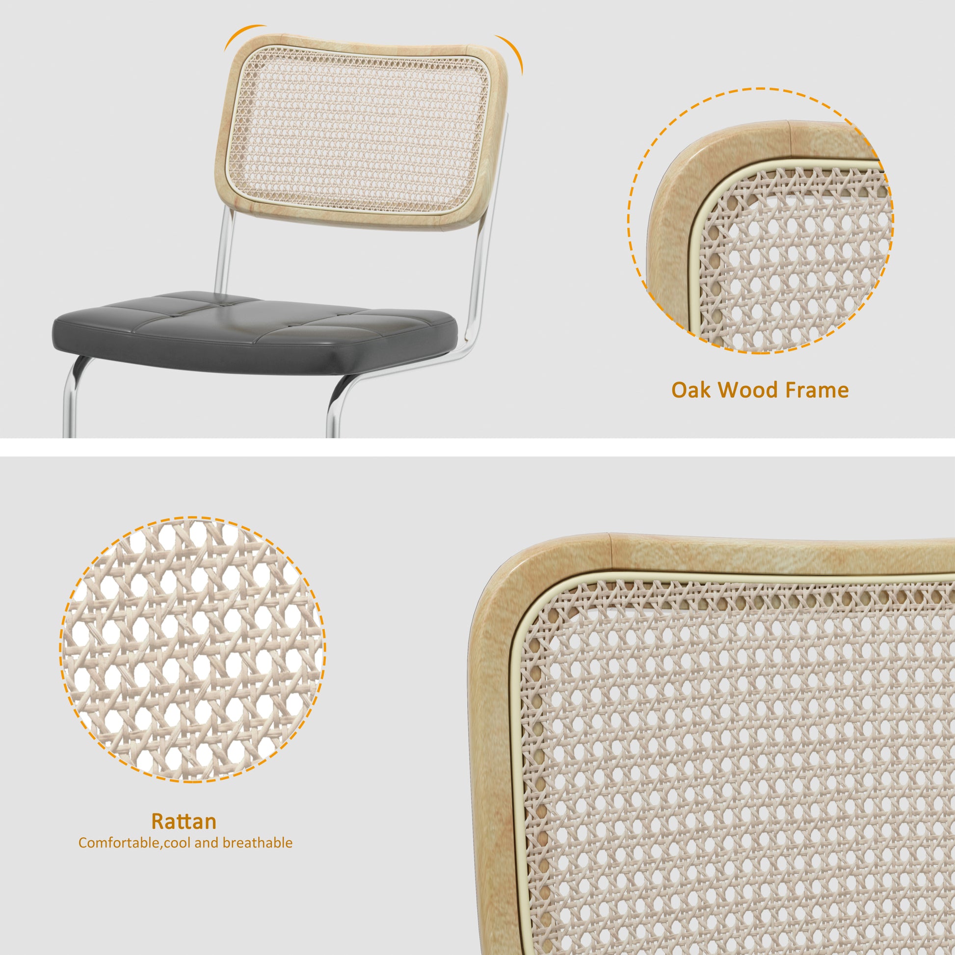 Set Of 2, Leather Dining Chair With High Density Sponge, Rattan Chair For Dining Room, Living Room, Bedroom, Gray Gray Pu