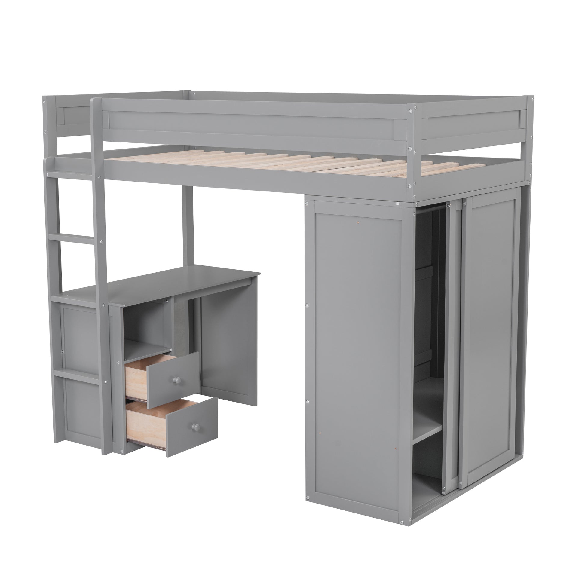 Wood Twin Size Loft Bed With Wardrobes And 2 Drawer Desk With Cabinet, Gray Gray Solid Wood Mdf