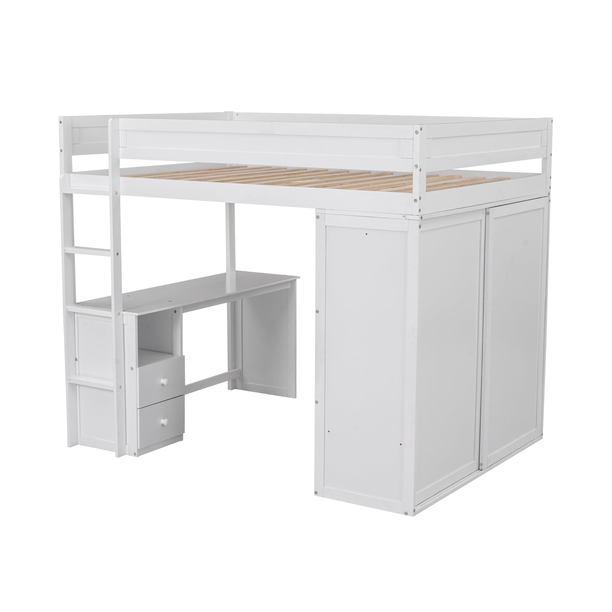 Wood Full Size Loft Bed With Wardrobes And 2 Drawer Desk With Cabinet, White White Solid Wood Mdf