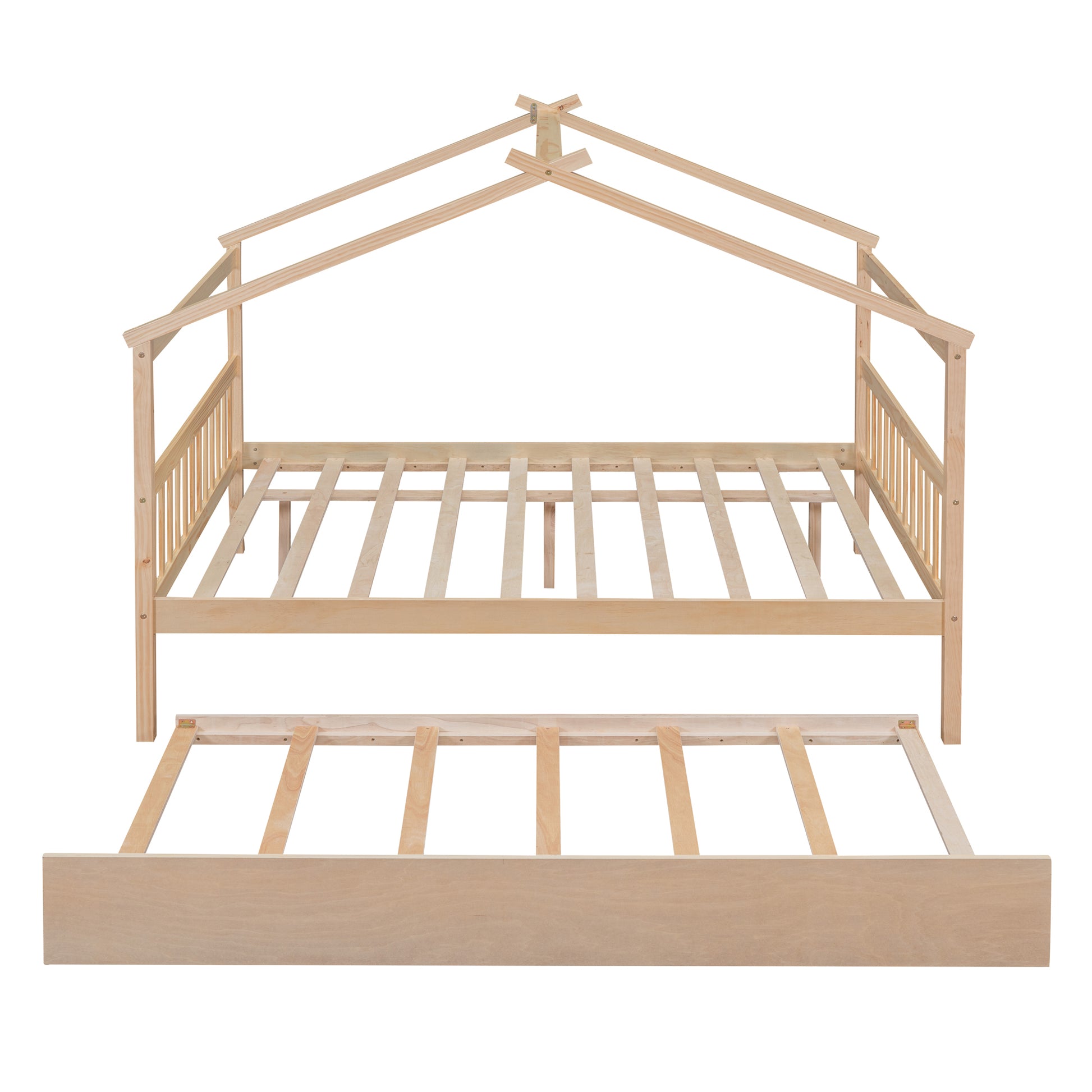 Full Size Wooden House Bed With Twin Size Trundle, Natural Natural Solid Wood