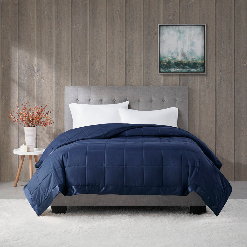 Lightweight Down Alternative Blanket With Satin Trim Navy Polyester