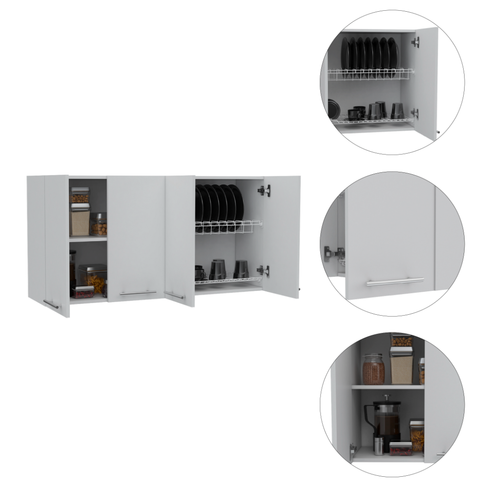 White And Light Oak 4 Shelf 6 Door 2 Piece Kitchen Set, Kitchen Island And Upper Wall Cabinet White Mdf