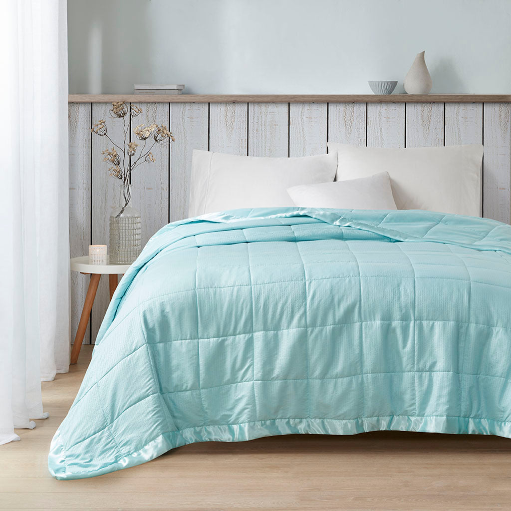 Oversized Down Alternative Blanket With Satin Trim Aqua Polyester