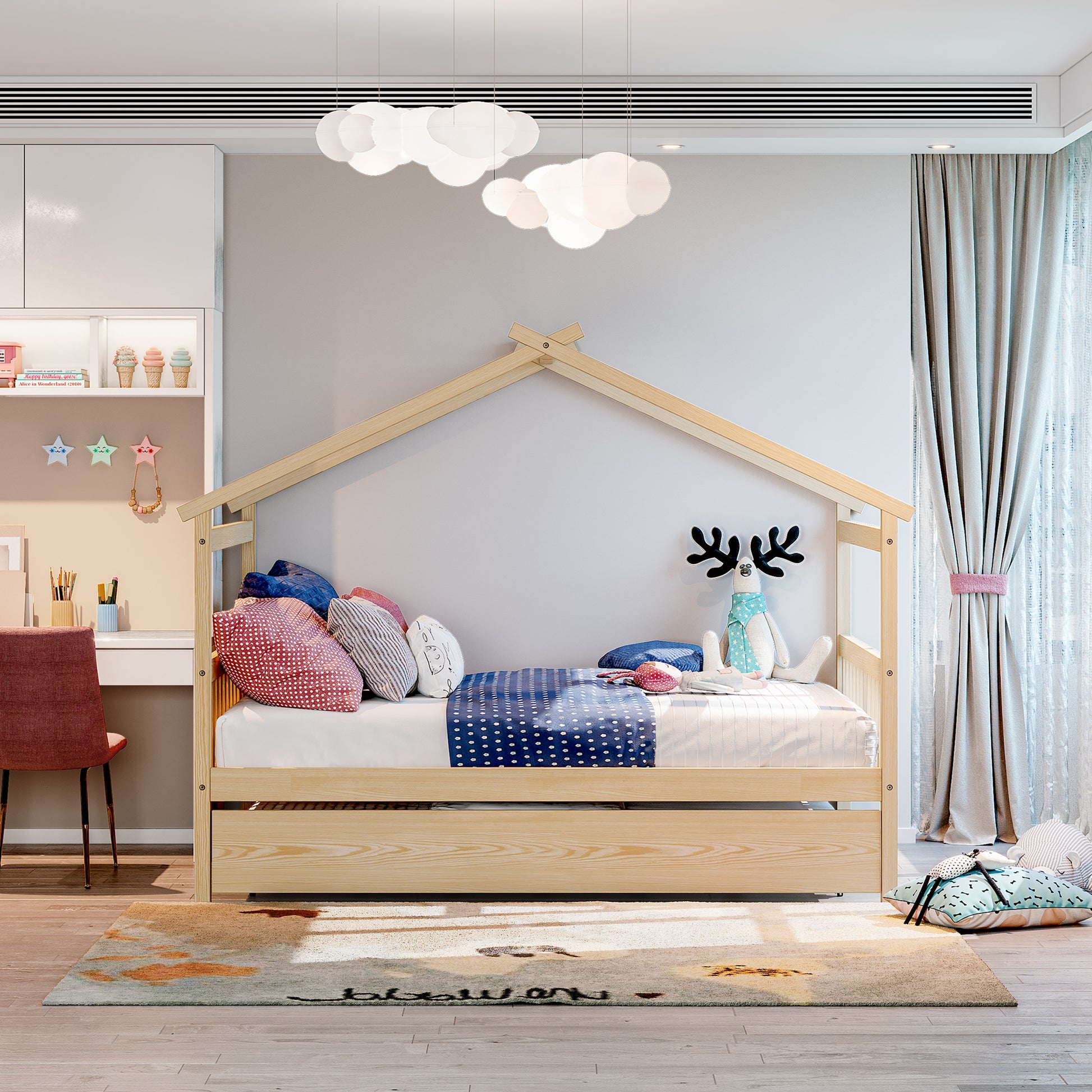 Full Size Wooden House Bed With Twin Size Trundle, Natural Natural Solid Wood