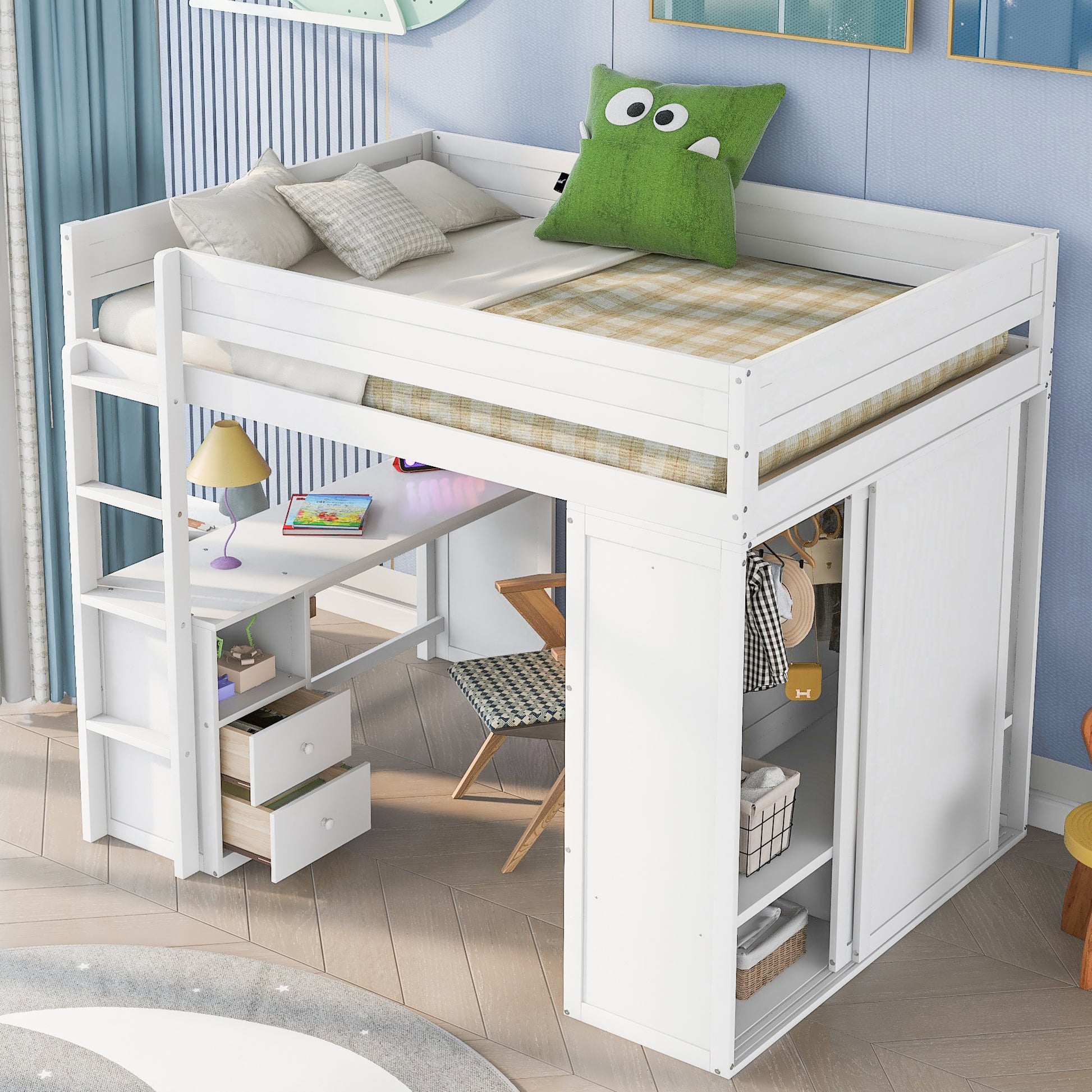 Wood Full Size Loft Bed With Wardrobes And 2 Drawer Desk With Cabinet, White White Solid Wood Mdf