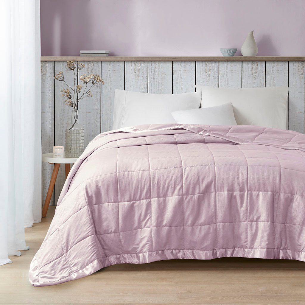 Oversized Down Alternative Blanket With Satin Trim Lilac Polyester