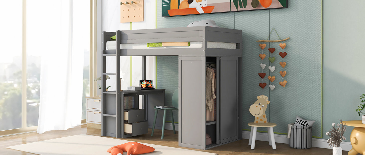 Wood Twin Size Loft Bed With Wardrobes And 2 Drawer Desk With Cabinet, Gray Gray Solid Wood Mdf