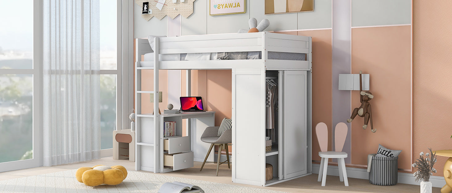 Wood Twin Size Loft Bed With Wardrobes And 2 Drawer Desk With Cabinet, White White Solid Wood Mdf