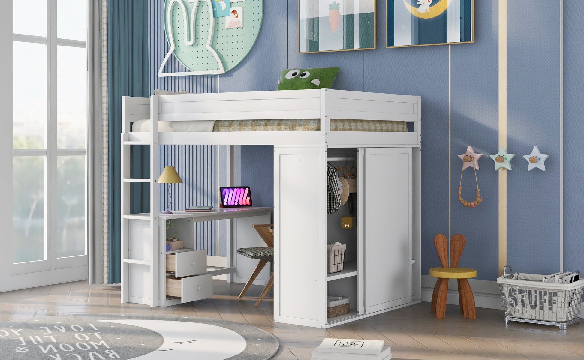 Wood Full Size Loft Bed With Wardrobes And 2 Drawer Desk With Cabinet, White White Solid Wood Mdf