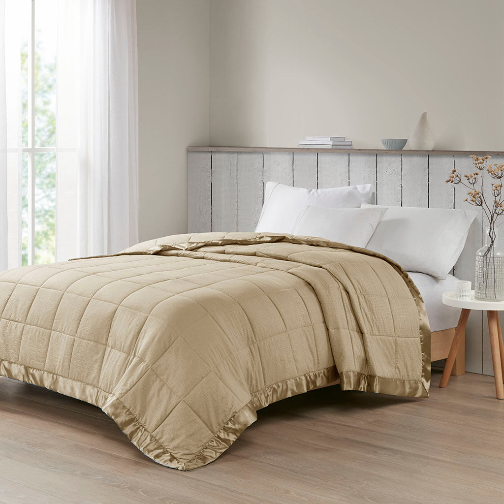 Oversized Down Alternative Blanket With Satin Trim Taupe Polyester