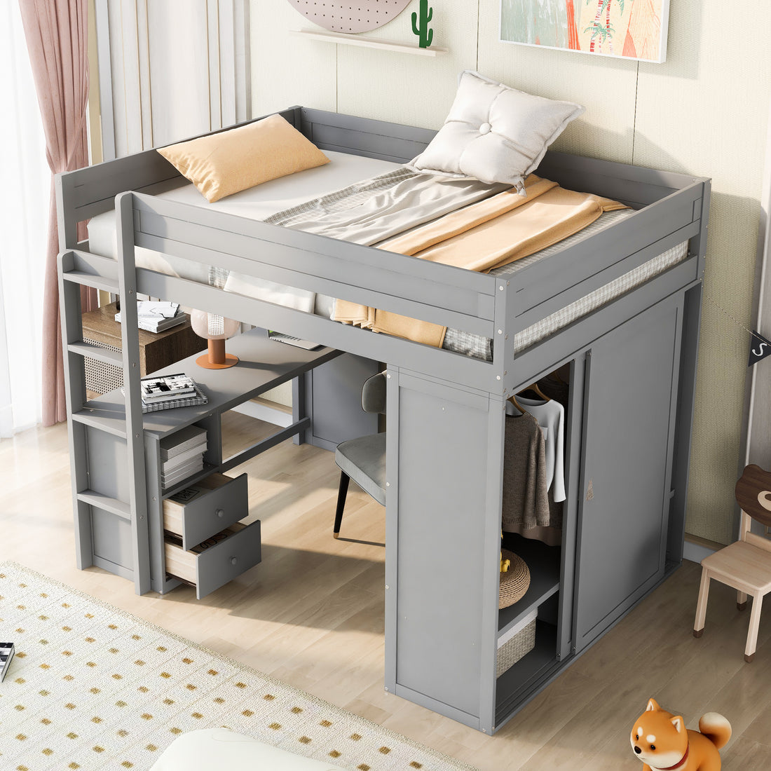 Wood Full Size Loft Bed With Wardrobes And 2 Drawer Desk With Cabinet, Gray Gray Solid Wood Mdf