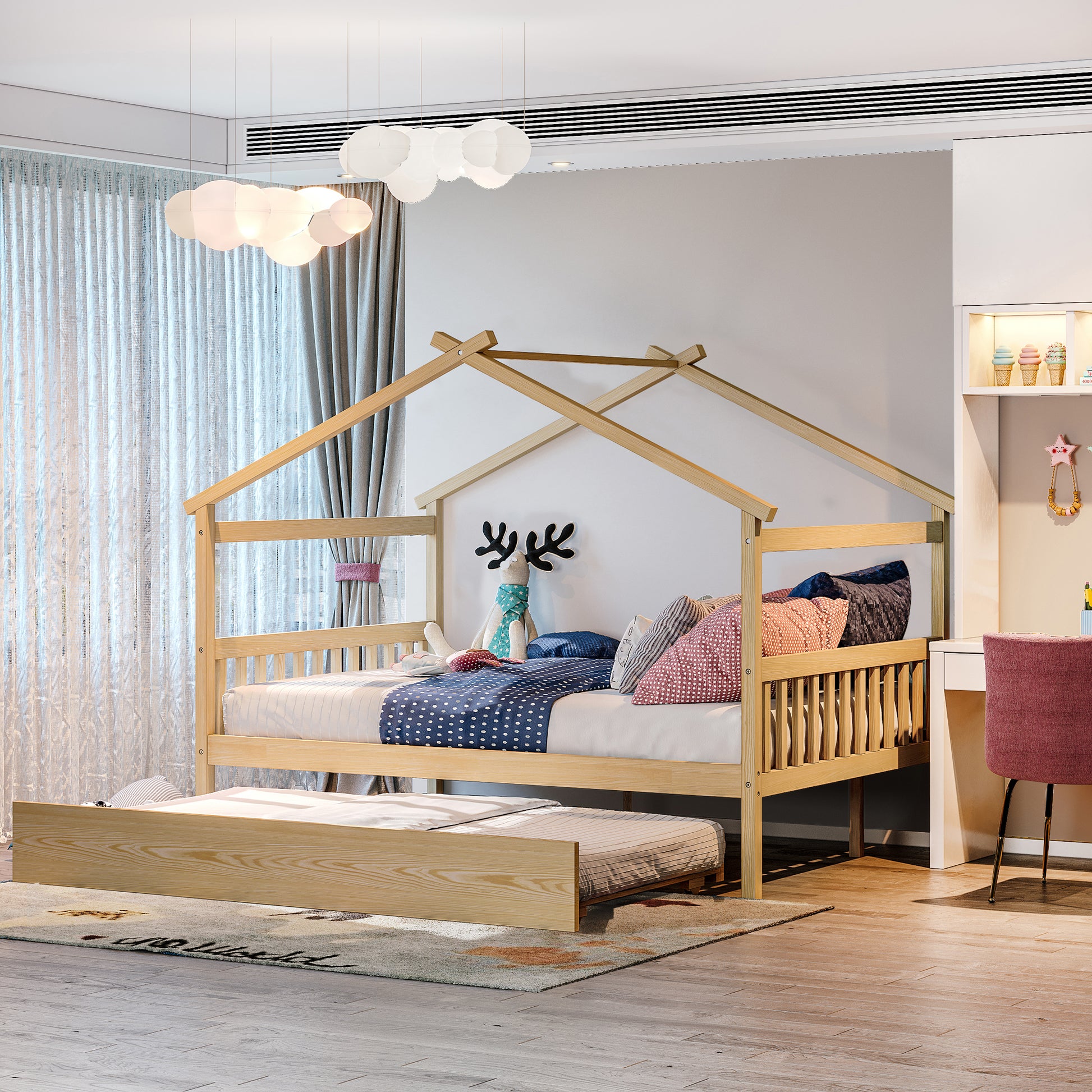 Full Size Wooden House Bed With Twin Size Trundle, Natural Natural Solid Wood