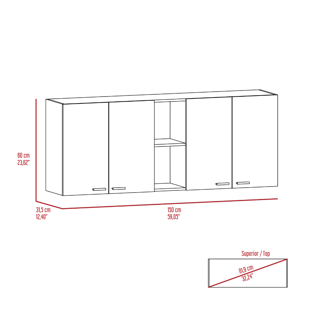 Sierra 7 Shelf 4 Door 2 Piece Kitchen Set, Upper Wall Cabinet And Kitchen Island White And Walnut White Mdf