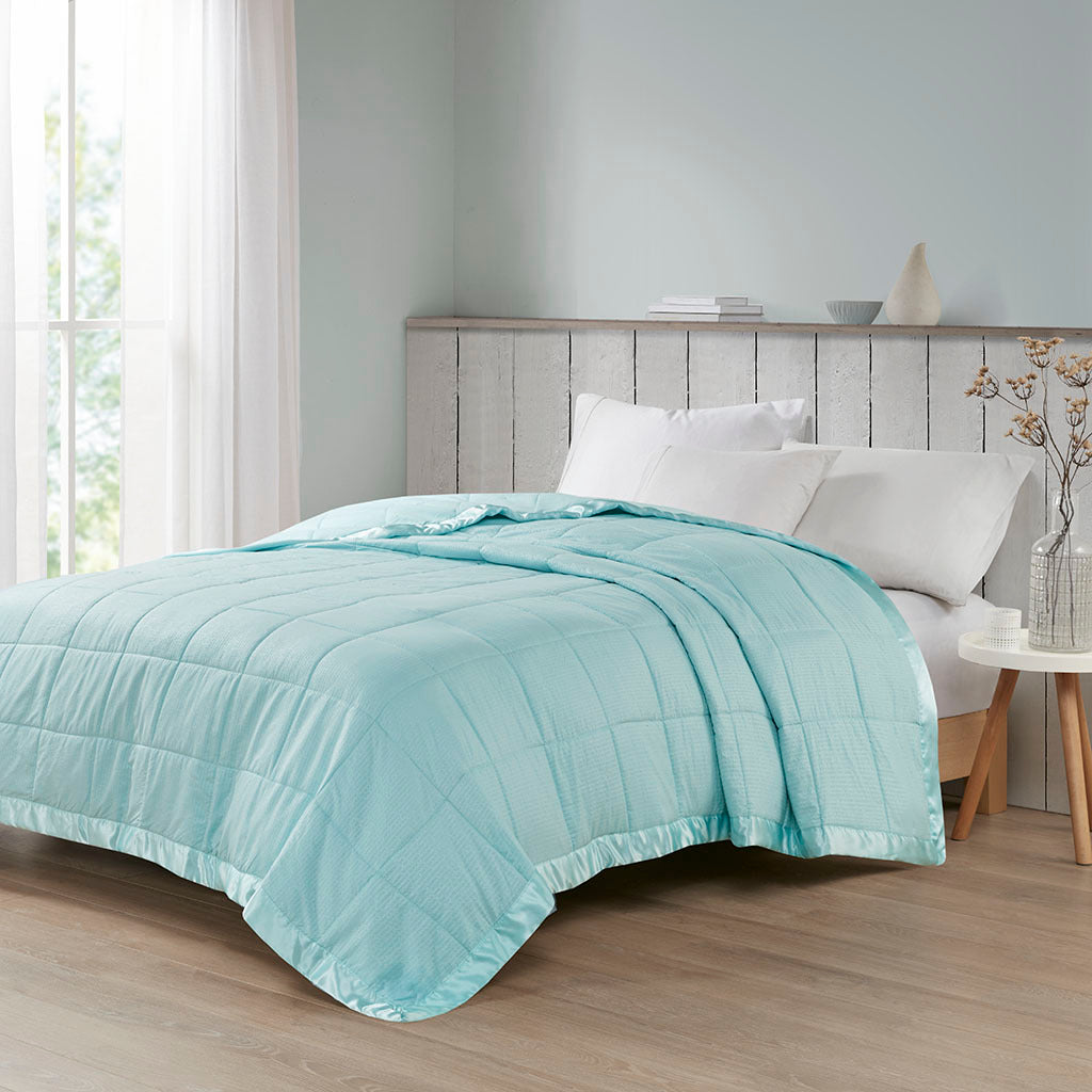 Oversized Down Alternative Blanket With Satin Trim Aqua Polyester