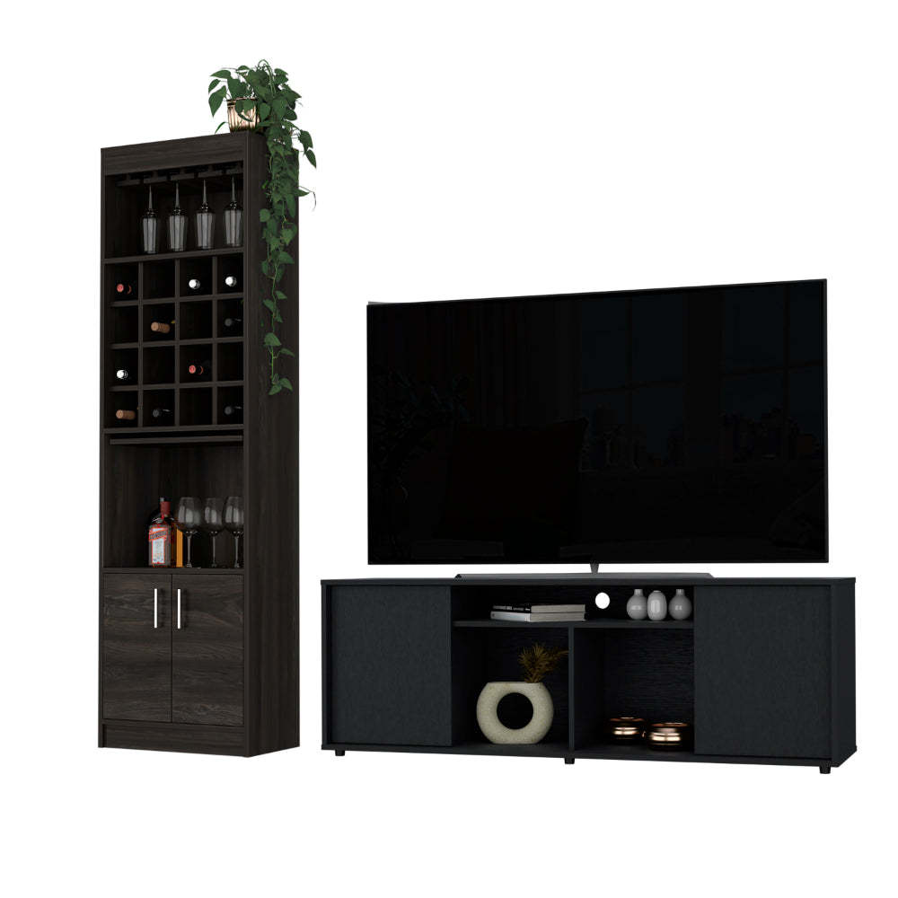 Capistrano 7 Shelf 4 Door 2 Piece Living Room Set, Tv Stand And Bar Cabinet Black And Espresso Black Mdf